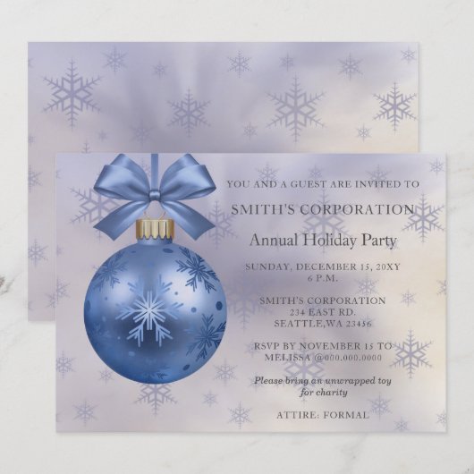 Blue Ornament Elegant Corporate Holiday Party Kaart (Voorkant / Achterkant)