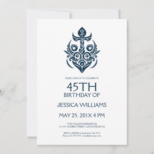 Blue Ornamental Boat Anchor Birthday Party Invite Kaart (Voorkant)