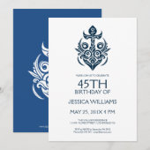Blue Ornamental Boat Anchor Birthday Party Invite Kaart (Voorkant / Achterkant)