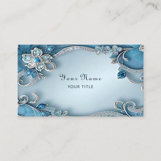 Blue Ornate Floral Business Card Visitekaartje (Voorkant)