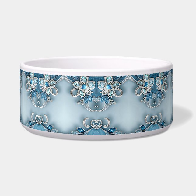 Blue Ornate Floral Ceramic Pet Bowl Voerbakje (Voorkant)