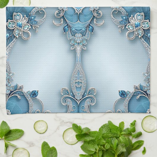 Blue Ornate Floral Kitchen Towel Theedoek (Gevouwen)