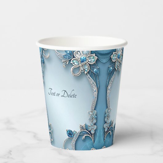 Blue Ornate Floral Paper cup Papieren Bekers (Achterkant)