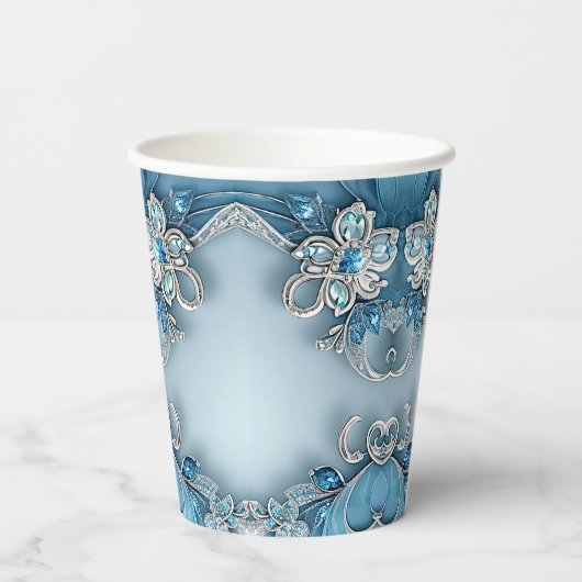 Blue Ornate Floral Paper cup Papieren Bekers (Achterkant)