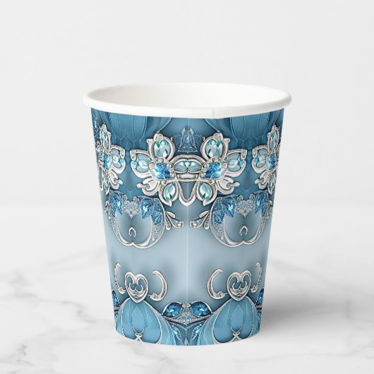 Blue Ornate Floral Paper cup Papieren Bekers (Rechts)