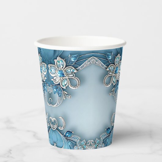 Blue Ornate Floral Paper cup Papieren Bekers (Voorkant)