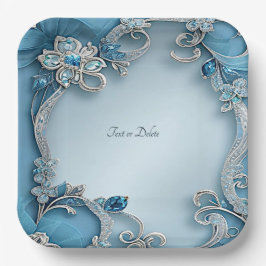Blue Ornate Floral Paper Plate Papieren Bordje