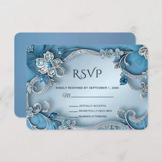 Blue Ornate Floral RSVP Card (Voorkant / Achterkant)