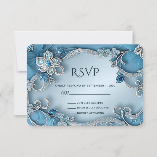 Blue Ornate Floral RSVP Card (Voorkant)