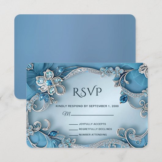 Blue Ornate Floral RSVP Card Kaartje (Voorkant / Achterkant)