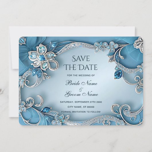 Blue Ornate Floral Save The Date (Voorkant)