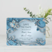 Blue Ornate Floral Save The Date (Staand voorkant)