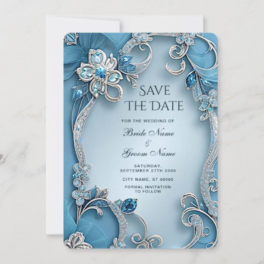 Blue Ornate Floral Save The Date (Voorkant)