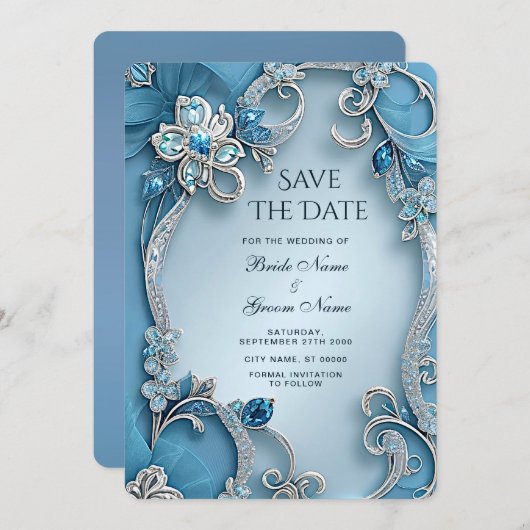 Blue Ornate Floral Save The Date (Voorkant / Achterkant)