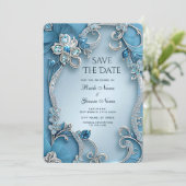 Blue Ornate Floral Save The Date (Staand voorkant)