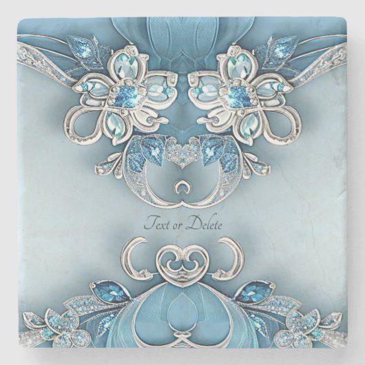 Blue Ornate Floral Stone Coaster Stenen Onderzetter (Voorkant)