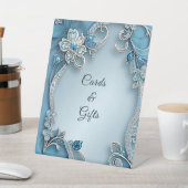 Blue Ornate Floral Tabletop Signs Reclamebord Met Voetstuk (Insitu)