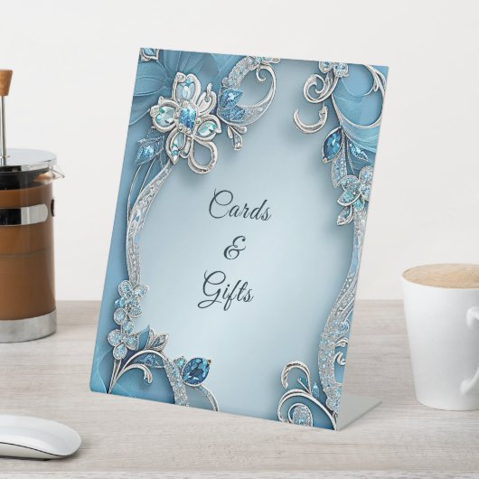Blue Ornate Floral Tabletop Signs Reclamebord Met Voetstuk (Insitu)