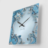 Blue Ornate Floral Wall Clock Vierkante Klok (Hoek)