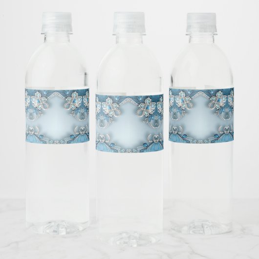 Blue Ornate Floral Water Bottle Label Waterfles Etiket (Flessen)