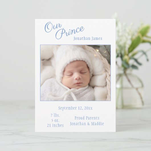 Blue Our Prince Fotojongen Baby Geboorteaankondigi Aankondiging (Staand voorkant)