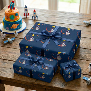 Blue Outer Space Astronaut Rocket Wrapping Paper Cadeaupapier