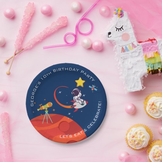 Blue Outer Space Astronaut Rocketship Verjaardag Papieren Bordje (Feest)