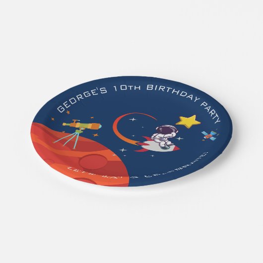 Blue Outer Space Astronaut Rocketship Verjaardag Papieren Bordje (Gekanteld)