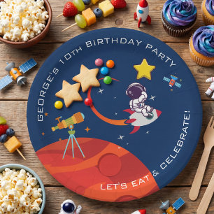 Blue Outer Space Astronaut Rocketship Verjaardag Papieren Bordje