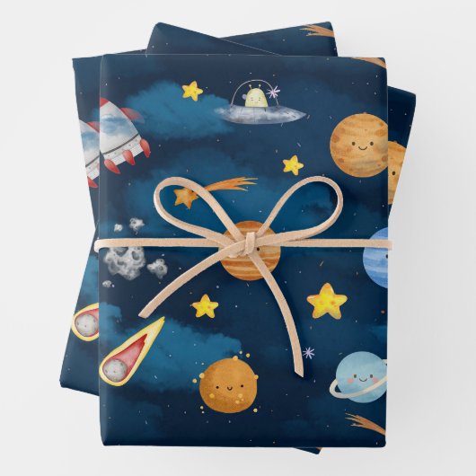  Blue Outer Space Planets Seamless Pattern Inpakpapier Vel (In situ)