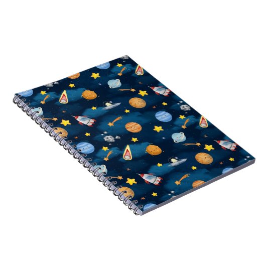 Blue Outer Space Planets Seamless Pattern Notitieboek (Rechterzijde)