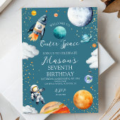 Blue Outer Space Rocket & Astronaut Kids Birthday Kaart