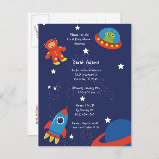 Blue Outer Space UFO Baby shower Briefkaart (Voorkant / Achterkant)