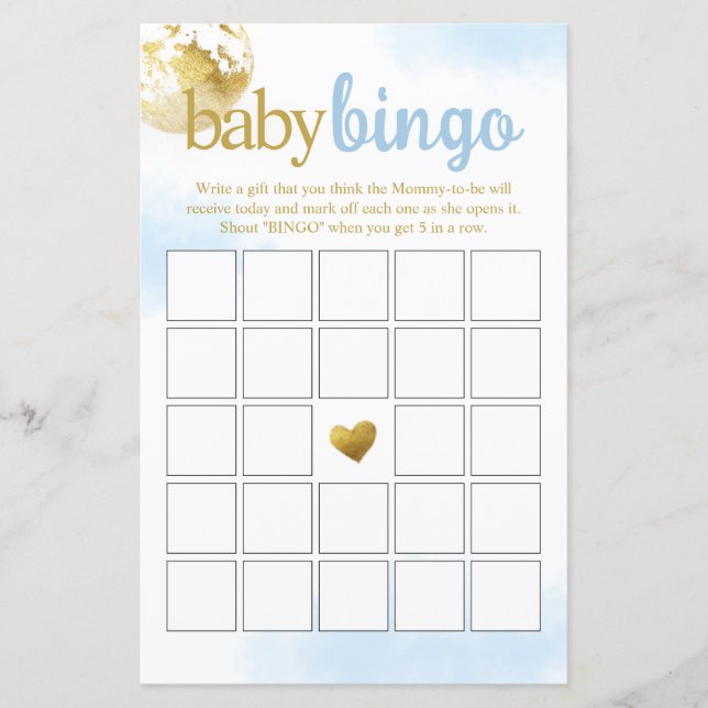 Blue Over the Moon Baby Bingo Baby shower spel (Voorkant)