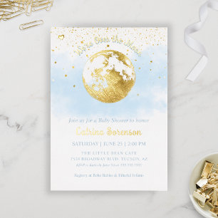 Blue Over the Moon Gold Celestial Boy Baby shower Folie Uitnodiging
