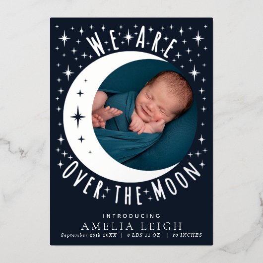 Blue Over The Moon Kaart voor geboorteaankondiging (Voorkant)