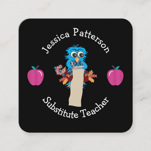 Blue Owl and Apples Educator Contact Kaarten Vierkante Visitekaartje (Voorkant)