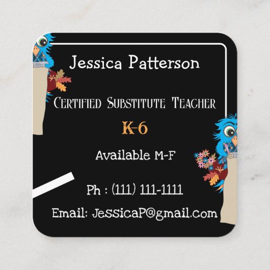 Blue Owl and Apples Educator Contact Kaarten Vierkante Visitekaartje (Achterkant)
