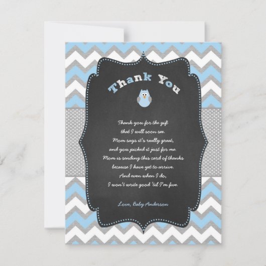 Blue Owl baby shower dank u nota met gedicht Bedankkaart (Voorkant)
