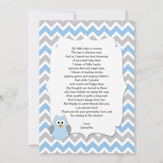 Blue Owl Baby shower dank u notities met gedicht (Voorkant)