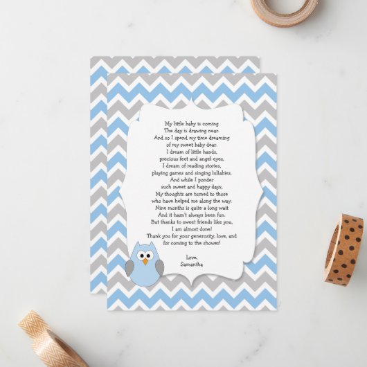 Blue Owl Baby shower dank u notities met gedicht (Voorkant / Achterkant in situ)