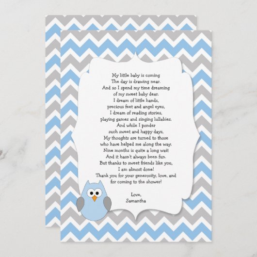 Blue Owl Baby shower dank u notities met gedicht (Voorkant / Achterkant)