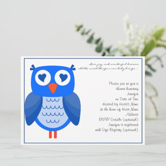 Blue Owl Baby shower Invitation Kaart (Staand voorkant)