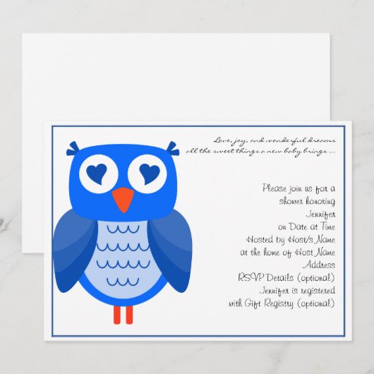 Blue Owl Baby shower Invitation Kaart (Voorkant / Achterkant)
