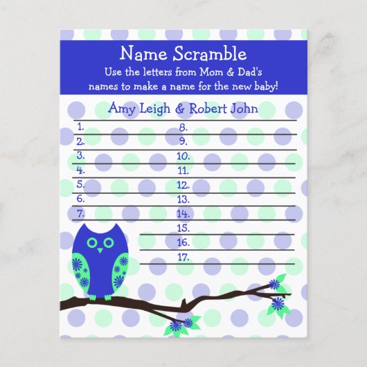 Blue Owl Baby shower Personalized Game (Voorkant)
