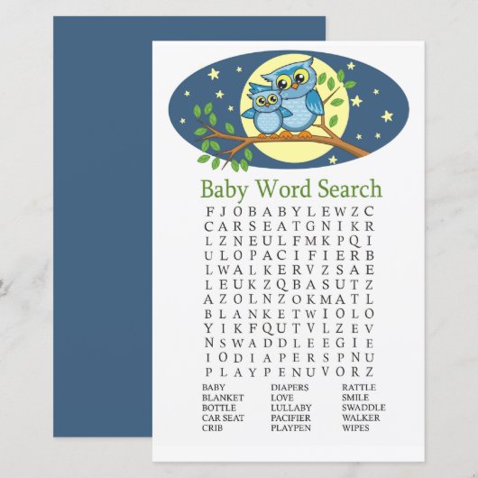 Blue Owl Baby shower Word Search Game (Voorkant / Achterkant)