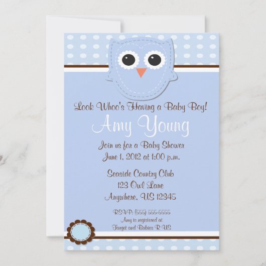 Blue Owl Boy Baby shower Persoonlijke Uitnodiging (Voorkant)