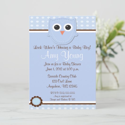 Blue Owl Boy Baby shower Persoonlijke Uitnodiging (Staand voorkant)