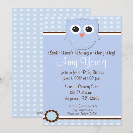 Blue Owl Boy Baby shower Persoonlijke Uitnodiging (Voorkant / Achterkant)