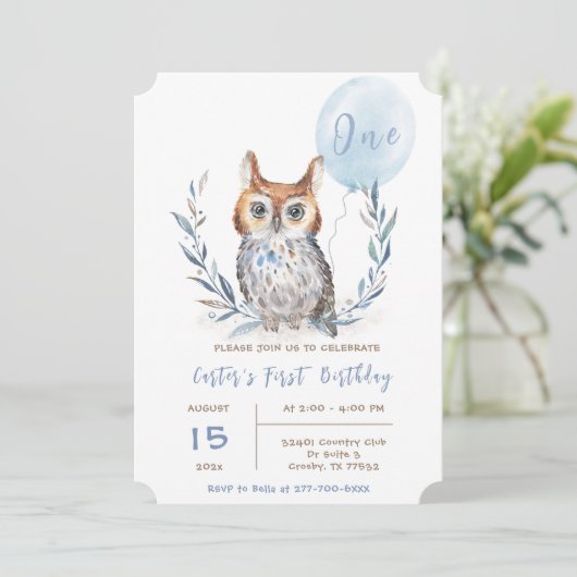 Blue Owl Boy Verjaardag Sjabloon Kaart (Staand voorkant)